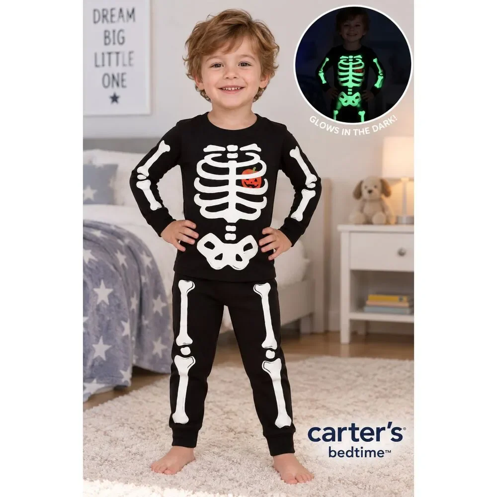 Carter's 4T Skeleton Glow in Dark Halloween Pajamas 2 Piece Black Pumpkin